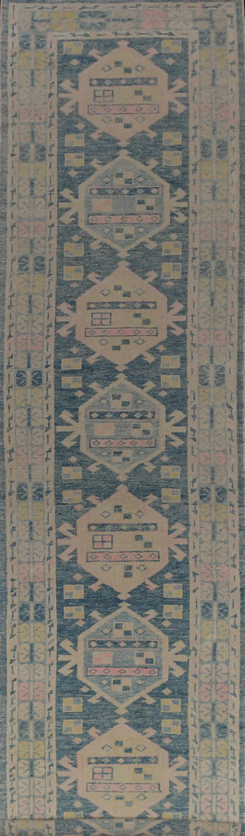 Blue Geometric Oushak Vegetable Dye Runner Rug 3x17