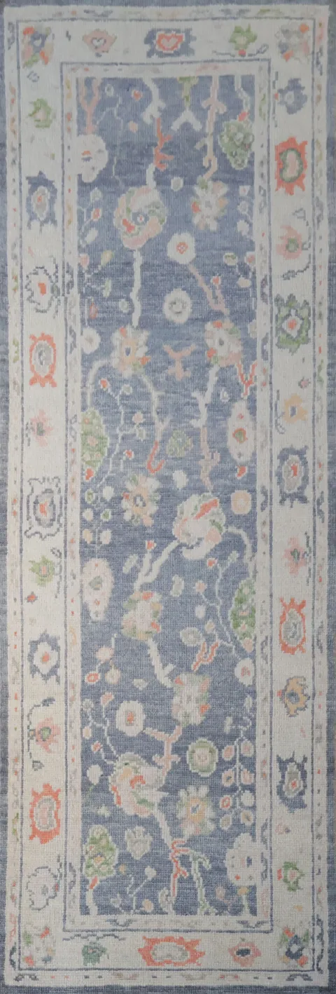 Vegetable Dye Blue and Coral Oushak Turkish Runner Rug 3x9 ft