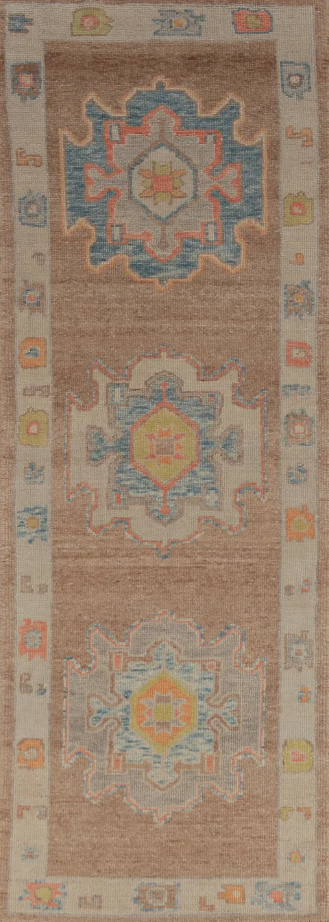 Vegetable Dye Brown Oushak Turkish Runner Rug 3x10