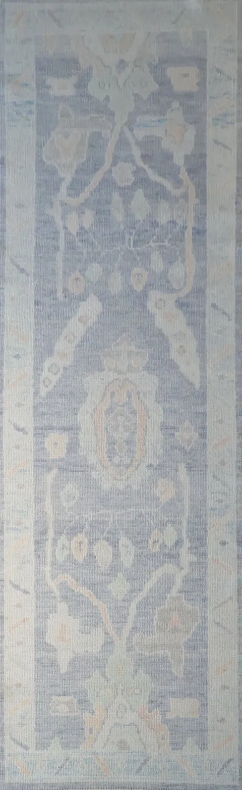 Pale Blue Vegetable Dye Oushak Turkish Runner Rug 3x10 ft
