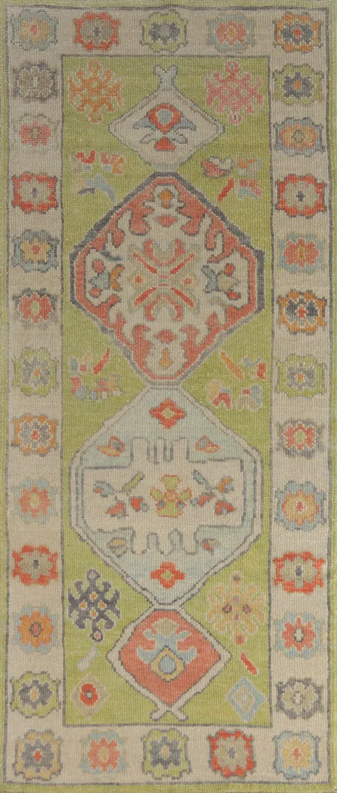 Vegetable Dye Green Oushak Turkish Runner Rug 3x8