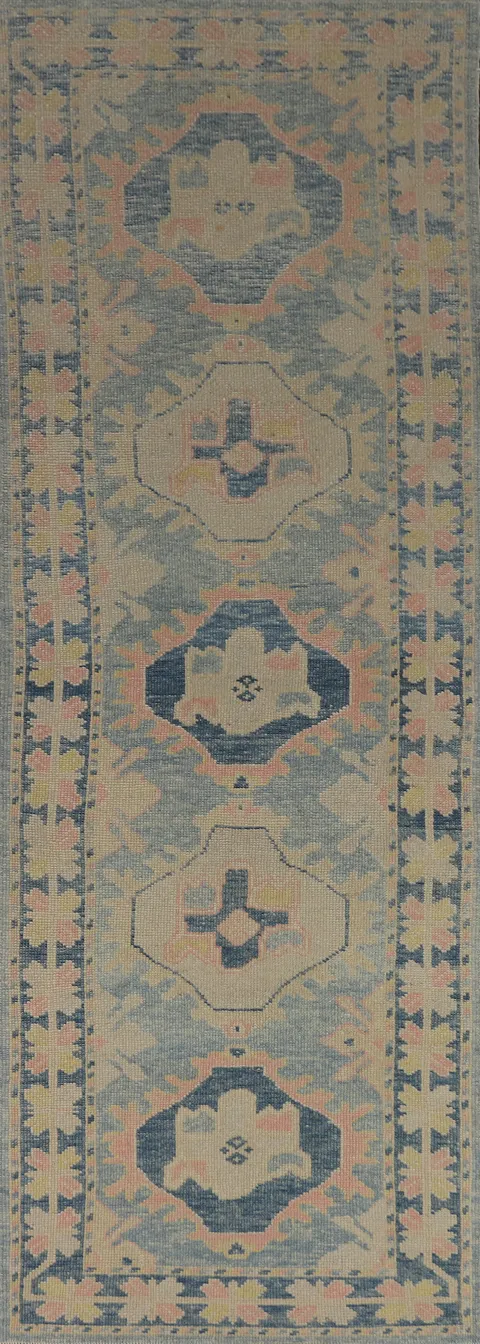 Vegetable Dye Blue Oushak Turkish Runner Rug 3x11