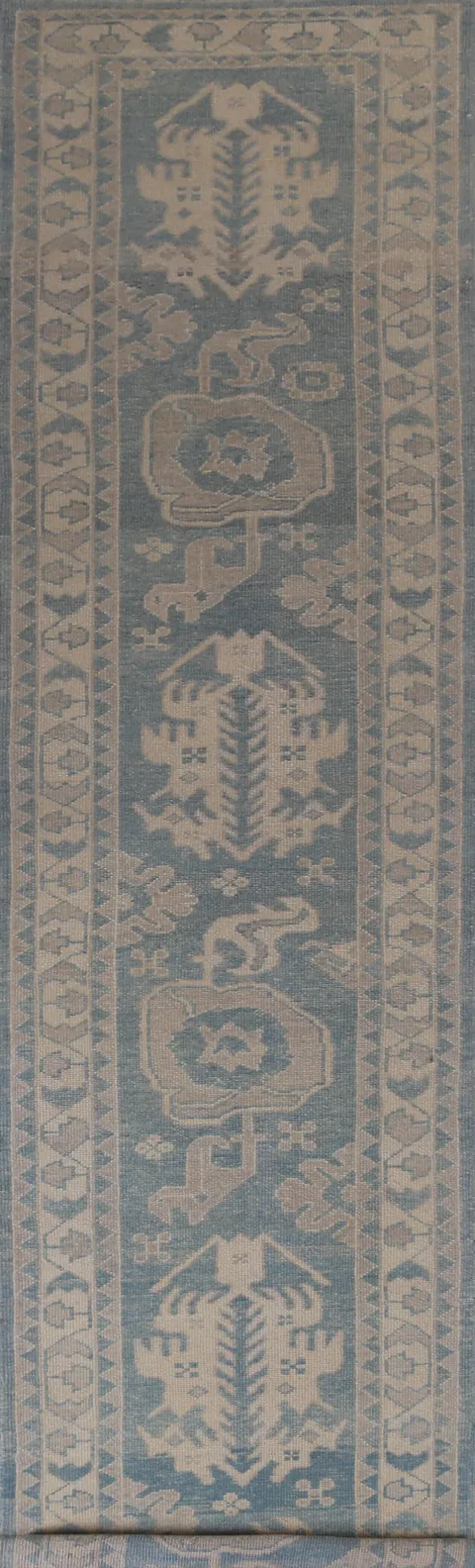 Vegetable Dye Blue Oushak Turkish Runner Rug 3x19