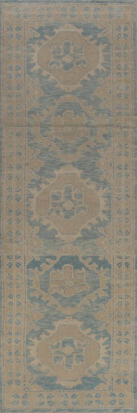 Vegetable Dye Blue Oushak Turkish Runner Rug 3x13
