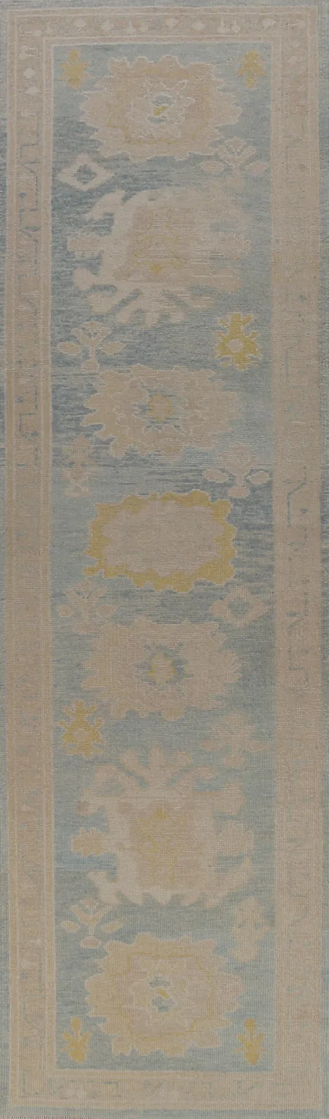 Floral Blue Oushak Vegetable Dye Runner Rug 3x13