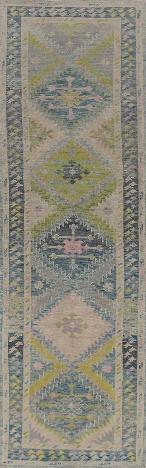 Green & Blue Geometric Oushak Vegetable Dye Runner Rug 3x13