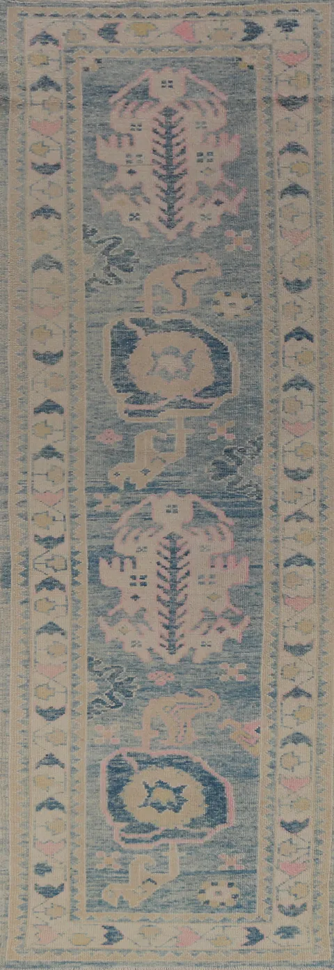 Vegetable Dye Blue Oushak Turkish Runner Rug 3x12
