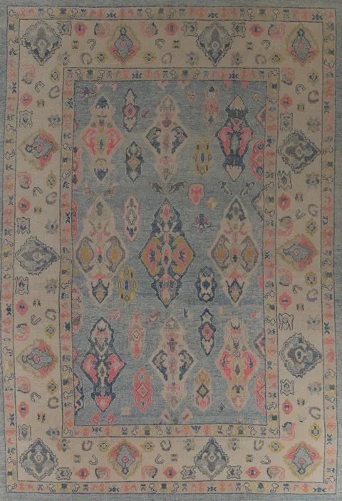 Geometric Blue Oushak Vegetable Dye Area Rug 9x13