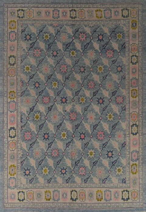 All-Over Floral Blue Oushak Vegetable Dye Area Rug 8x11