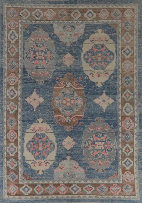 Geometric Blue Oushak Vegetable Dye Area Rug 8x11