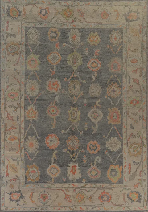 Gray Floral Wool Oushak Vegetable Dye Area Rug 8x12