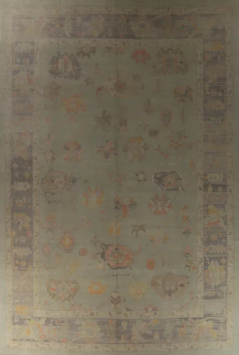 Sophisticated Green Oriental Large Rug with Floral Accents 14x20
