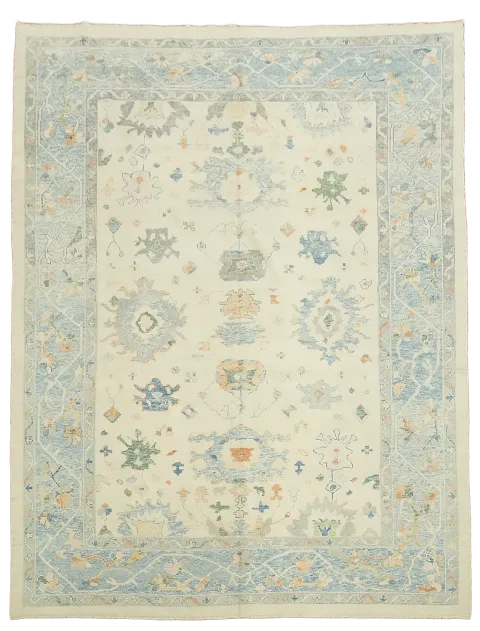 Vegetable Dye Light Blue and Ivory Oushak Turkish Pastel color Rug 10'x13'