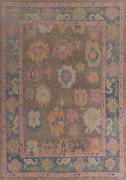 Brown Handmade Floral Oushak Vegetable Dye Area Rug 9x11