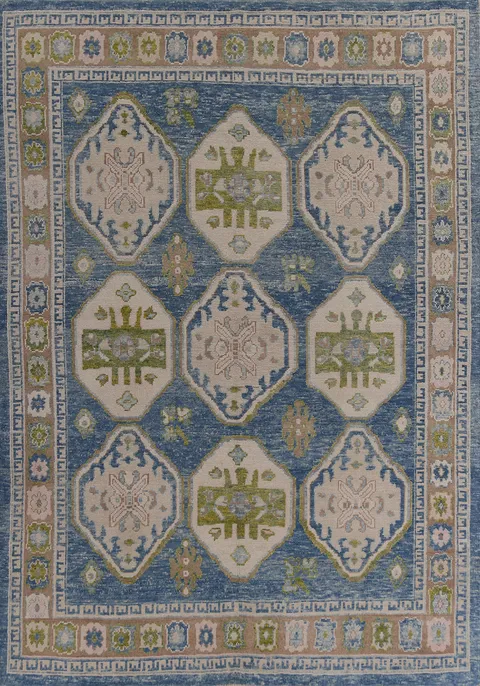 Blue Geometric Wool Oushak Vegetable Dye Area Rug 8x11