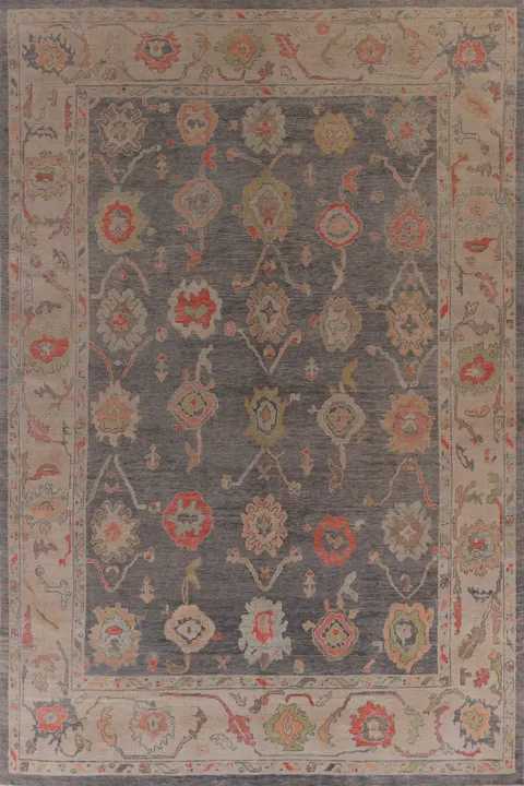 Floral Gray Wool Oushak Vegetable Dye Large Rug 10x14