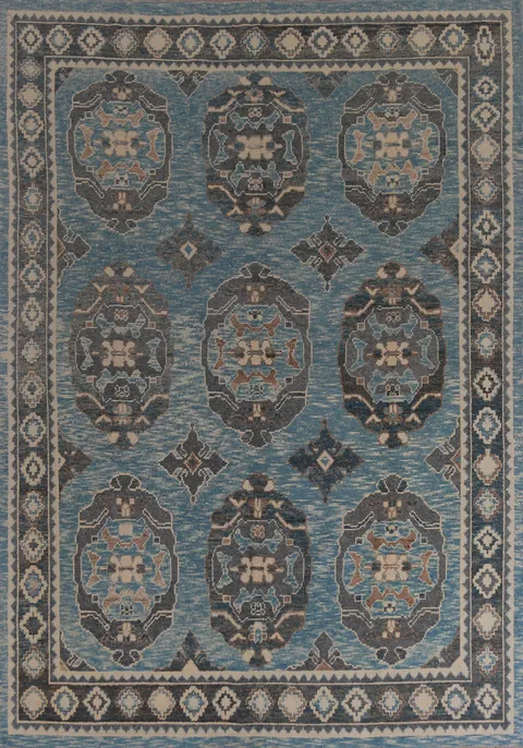 Geometric Blue Oushak Vegetable Dye Area Rug 8x11