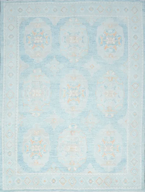Light Blue & Ivory Vegetable Dye Oushak Turkish Area Rug 8x11 Hand-Knotted Wool