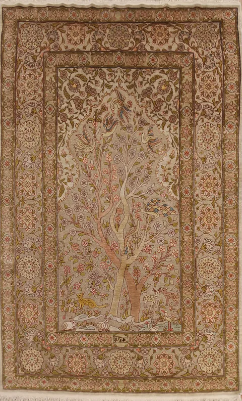 Antique Signed Vegetable Dye Silk Silver Hereke Persian Rug 3x5