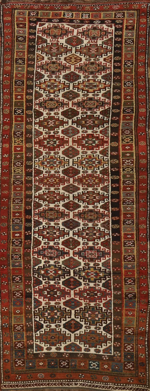 Geometric Wool Kazak Oriental Runner Rug 4x12