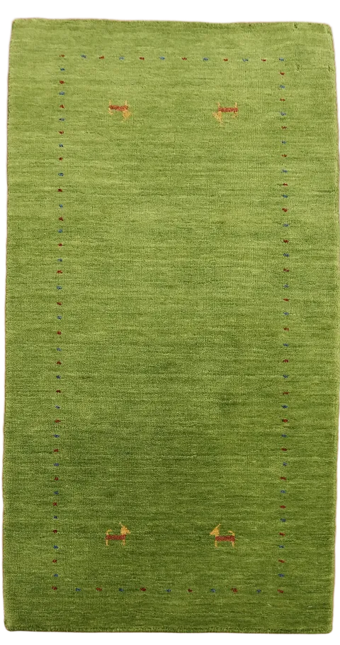 Sleek Green Gabbeh Rug with Subtle Animal Motifs 2'x5'