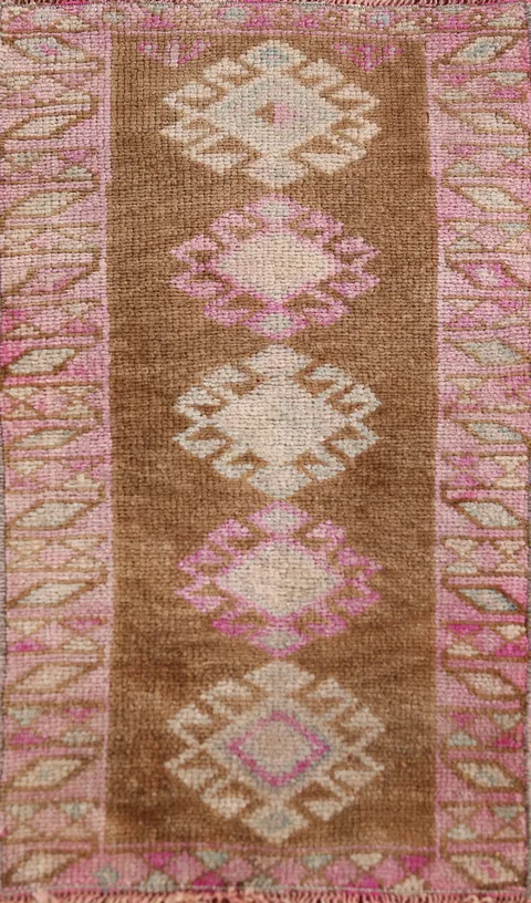 Brown Geometric Wool Anatolian Turkish Foyer Rug 1x3