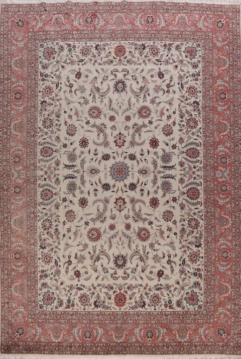 Ivory Floral Wool Kashan Oriental Area Rug 9x12