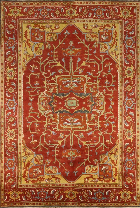 Red Wool Medallion Heriz Serapi Indian Area Rug 9x12