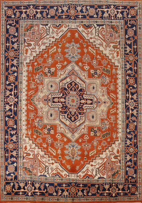 Orange Wool Medallion Heriz Serapi Indian Area Rug 8x10