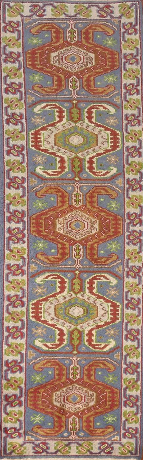 Blue Geometric Heriz Serapi Indian Runner Rug 2x10