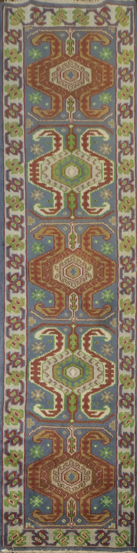 Blue Geometric Heriz Serapi Indian Runner Rug 2x10