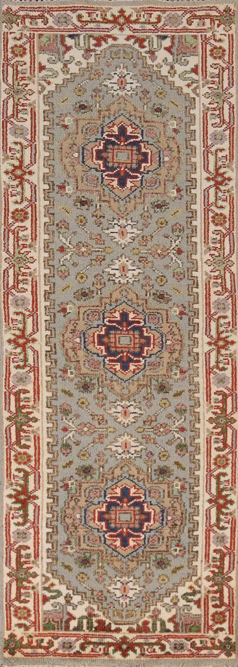 Gray Geometric Heriz Serapi Indian Runner Rug 2x8