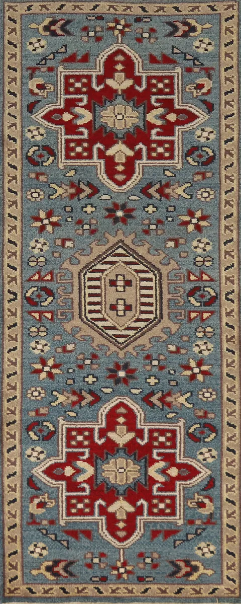 Light Blue Heriz Serapi Indian Runner Rug 3x8