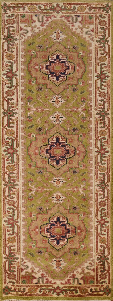 Green Geometric Heriz Serapi Indian Runner Rug 3x8