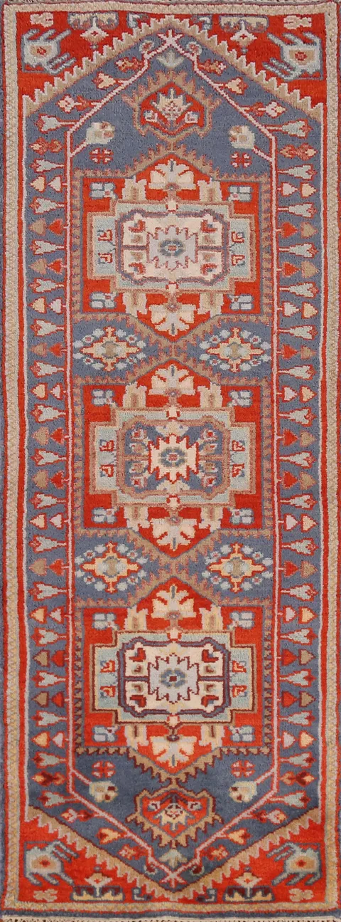 Blue Geometric Heriz Serapi Indian Runner Rug 2x8