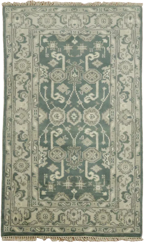 Vintage-inspired teal rug with ornate geometric patterns 3x5