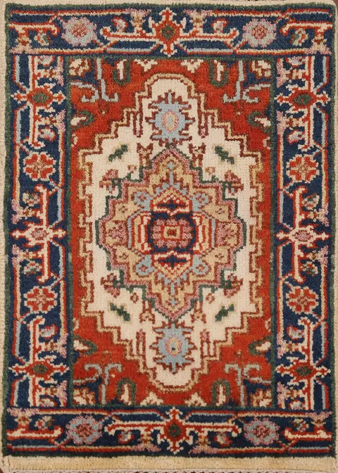 Ivory Wool Medallion Heriz Serapi Indian Accent Rug 2x3