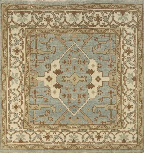 Light Blue Square Wool Oushak Indian Rug 4x4