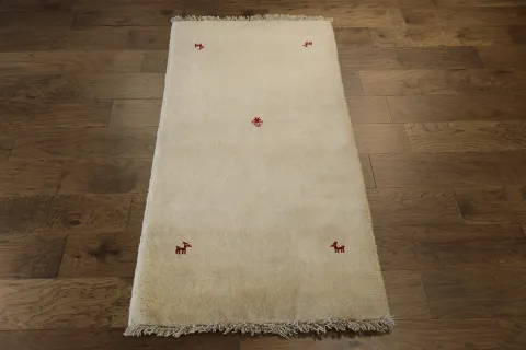 3'x5' Minimalist Beige Gabbeh Persian Rug with Delicate Red Embroidery Accents