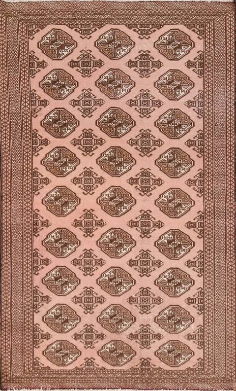 Vintage Pink Geometric Turkoman Bokhara Persian Rug 4x6