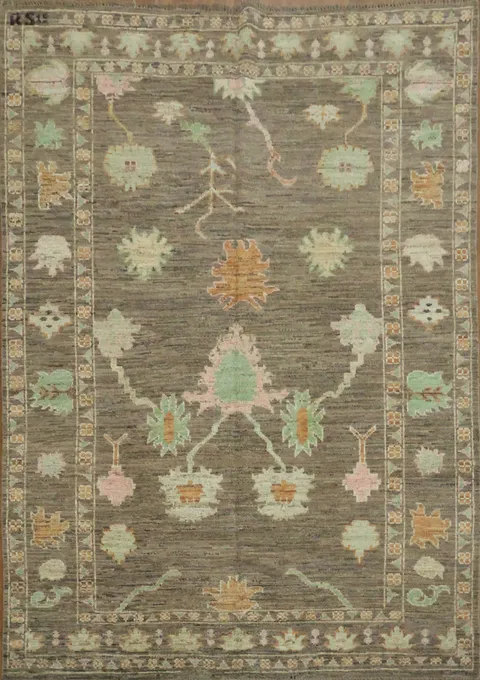Gray Green Oushak Turkish Rug Artistry in Muted Tones and Floral Vine Detailing 7x10