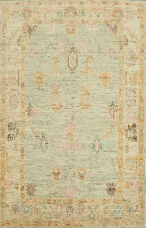 Soft Pastel Tones Green and Pink Oushak Turkish Rug 4x6 ft