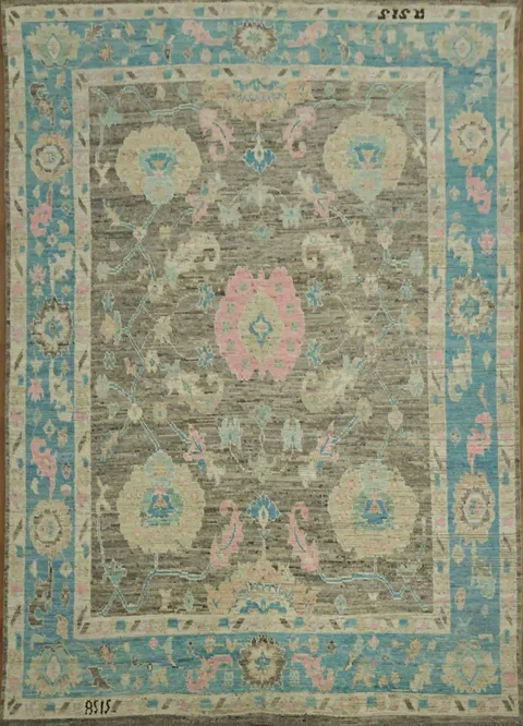 Vintage-Inspired Floral Oushak Turkish Rug with Blue and Pink Accents 9x12