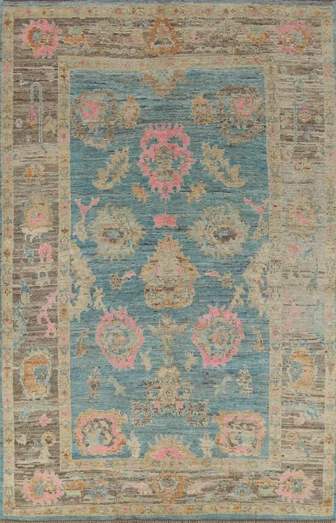 Blue Floral Oushak Vegetable Dye Turkish Area Rug 6x10