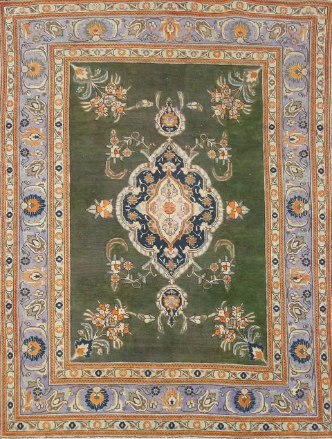 Vintage Green Medallion Tabriz Persian Rug 5x6