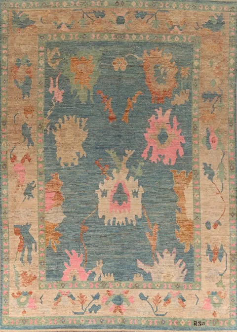 Vegetable Dye Blue Oushak Turkish Large Rug 10x14