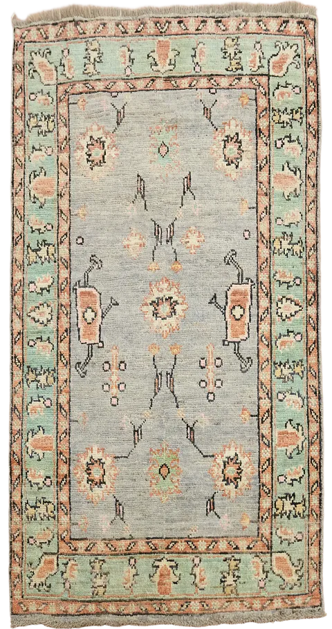Oushak Turkish Green and Peach Rug with Classic Floral Patterns 3'x5'