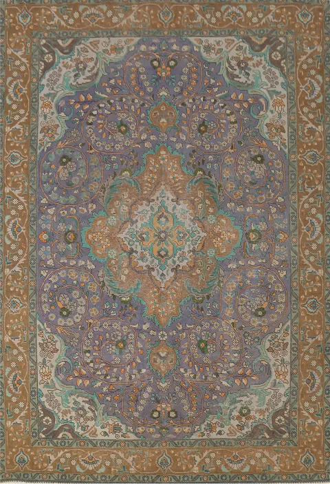 Purple Wool Floral Tabriz Persian Area Rug 7x10