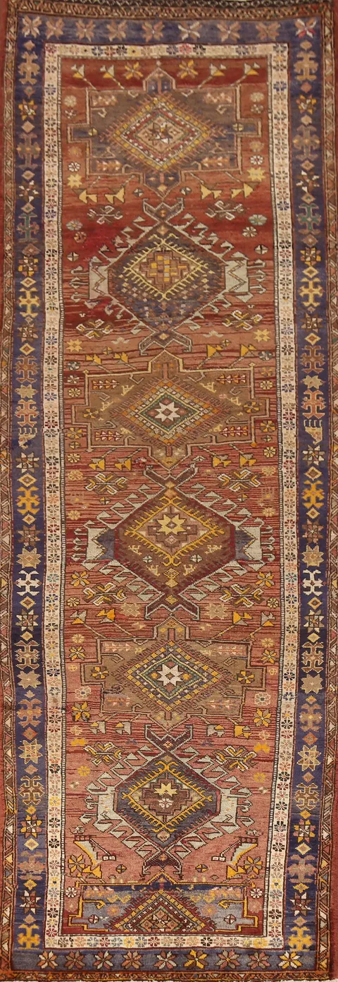 Geometric Wool Heriz Persian Runner Rug 4x13