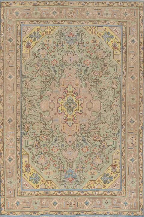 Vintage Green Wool Tabriz Persian Area Rug 6x9